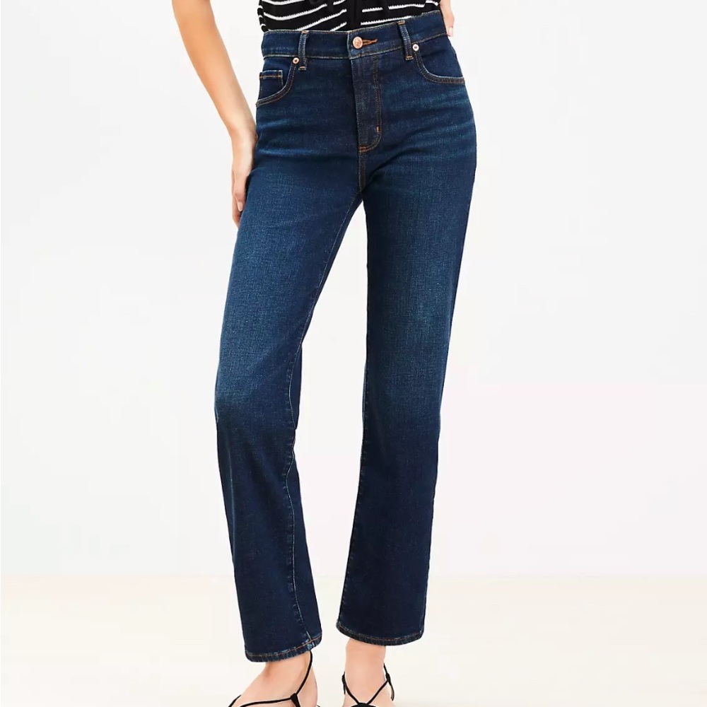 LOFT Straight Mid Rise Slim Jeans in Indigo Dark Blue - Straight Leg Jeans